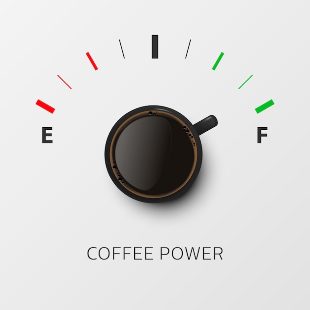 Coffee Power Vector 3d Realistic Black Mug with Black Coffee and Fuel Gauge on White Background Concept Banner with Coffee Cup and Phrase about Coffee Design Template Top View