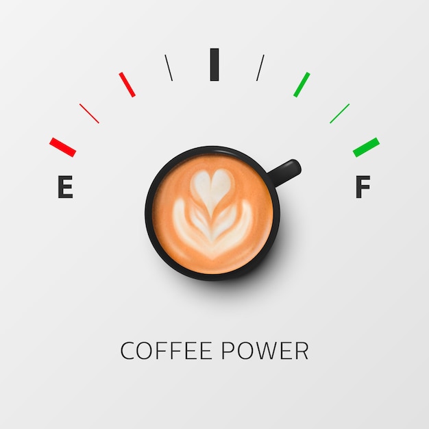 Coffee power vector 3d realistico tazza nera con latte caffè e indicatore carburante vapuccino latte concept banner con tazza di caffè motivo floreale modello di progettazione vista dall'alto