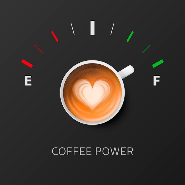 Coffee power vector 3d realistico tazza in ceramica o porcellana bianca con schiuma di latte indicatore del serbatoio del caffè e del carburante capuccino latte concept banner con tazza di caffè motivo a forma di cuore modello di progettazione vista dall'alto