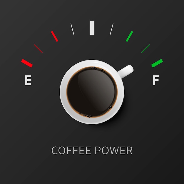 Coffee power vector 3d реалистичная белая кружка с черным кофе и датчиком уровня топлива концептуальный баннер с чашкой кофе и фразой о шаблоне дизайна кофе вид сверху