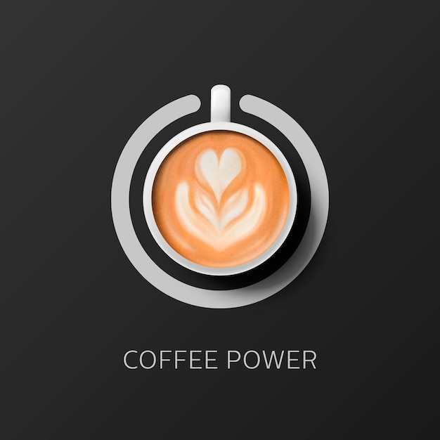 Coffee Power Vector 3d Реалистичная белая фарфоровая керамическая кружка и вывеска с пеной Молочный кофе Капучино Латте с цветочным узором Концептуальный баннер с чашкой кофе в шаблоне дизайна сверху