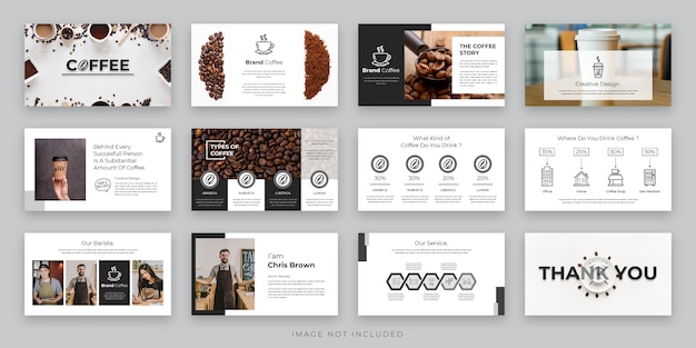 Vector coffee presentation template black and white with element icon, presentation of business projects and marketing coffee