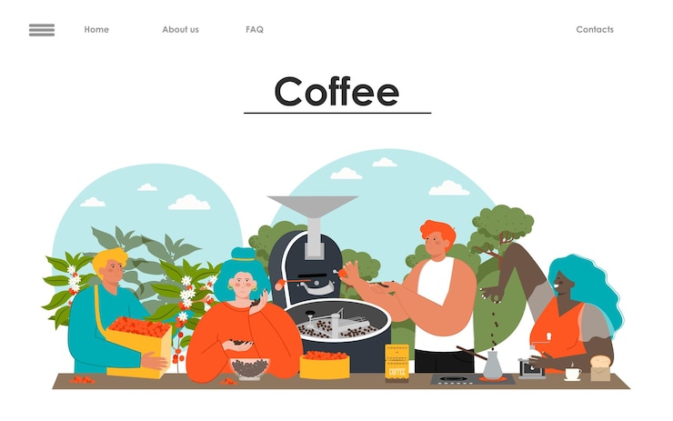 Vector coffee production farm vector landing page mockup