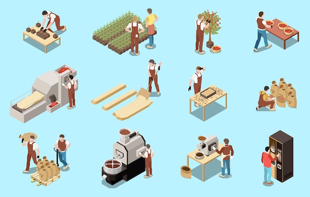 Coffee production industry isometric set of machinery for\
drying beans grain roasting grinding and cooking isolated vector\
illustration