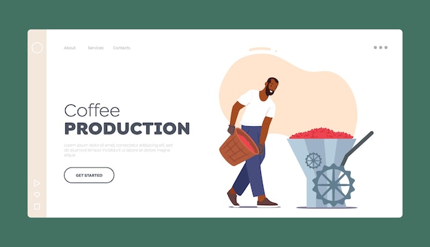コーヒー生産のランディングページテンプレート農園または工場で働く粉砕機に豆を入れます