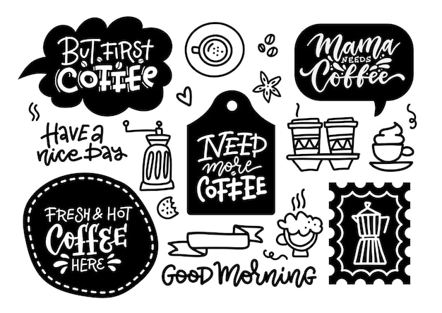 Vector coffee related labels badges and doodle design elements set but first coffee need more coffee brew bar and coffee shop lettering signs