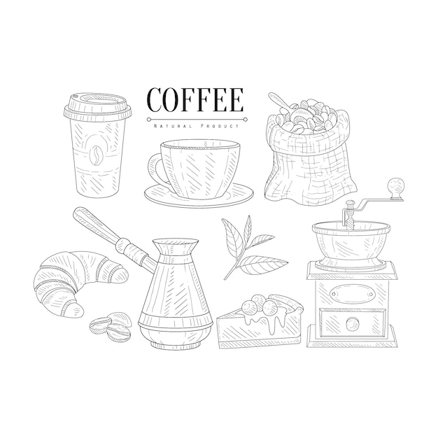 Coffee Related Object And Food Set Hand Drawn Realistic Sketch