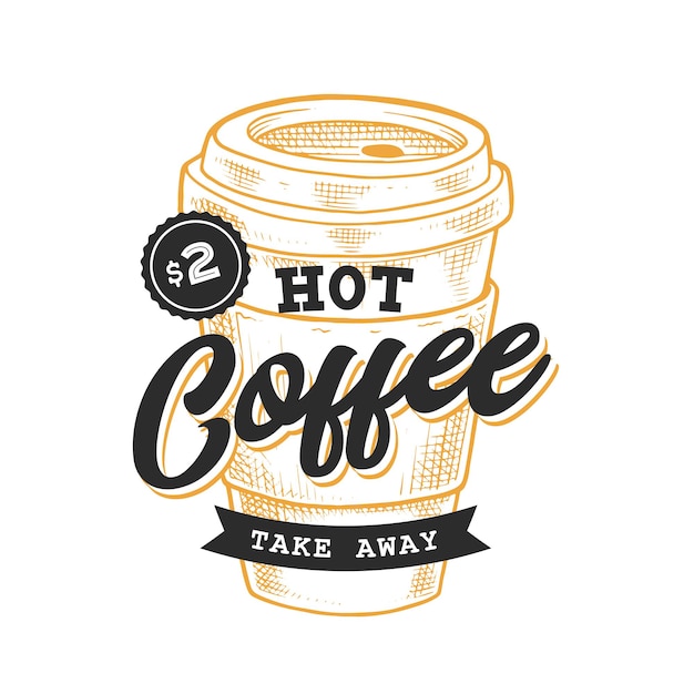 コーヒーレトロエンブレム。黒い文字と黄色のコーヒーの紙コップのスケッチとロゴのテンプレート。
