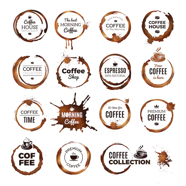 Coffee rings badges. Labels with dirty circles from tea or coffee cup restaurant logo template