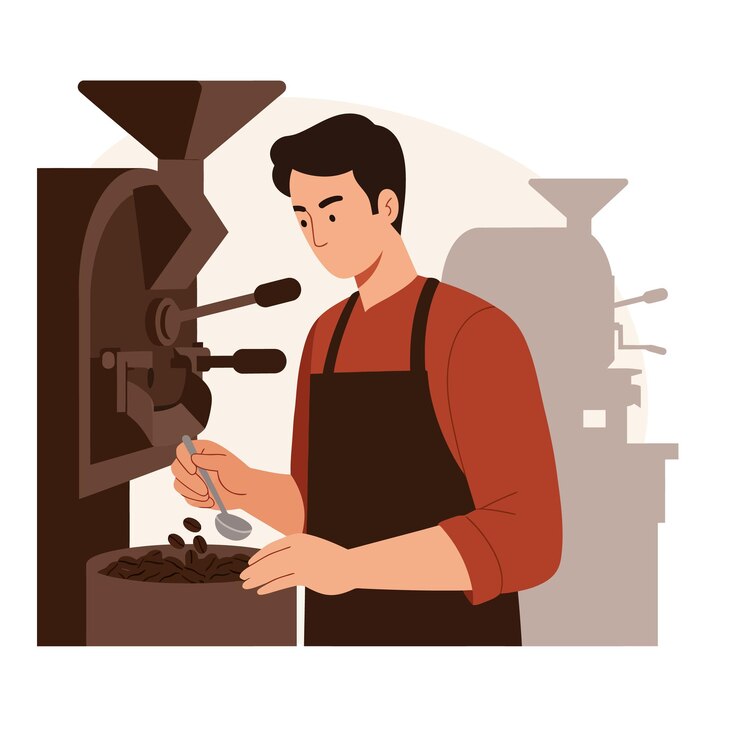 Vector coffee roaster man checking roasted beans with spoon in coffee roasting machine vector illustration