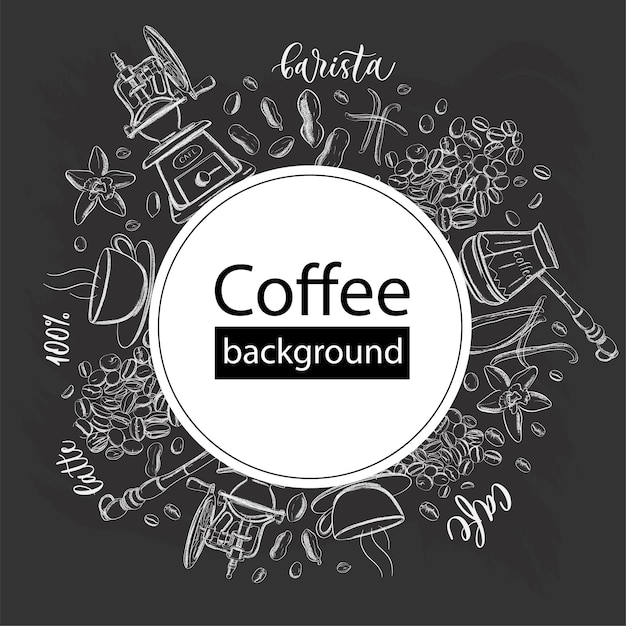 Vector coffee round design in vintage outline hand drawn doodle style with different objects on coffee theme