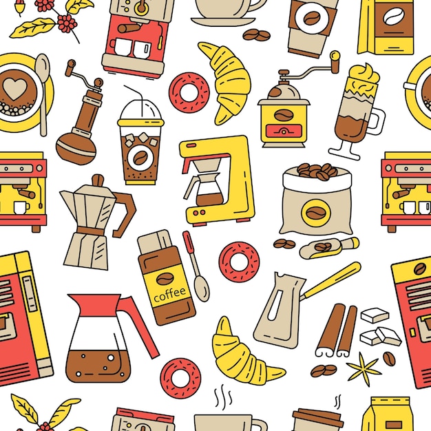 Coffee seamless pattern flat line icons