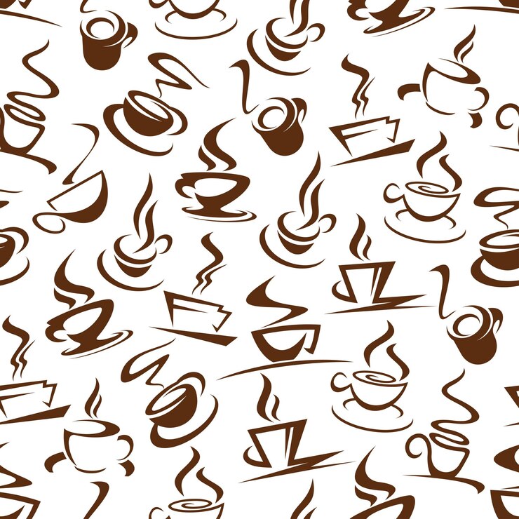 Vector coffee seamless pattern of hot steaming beverages