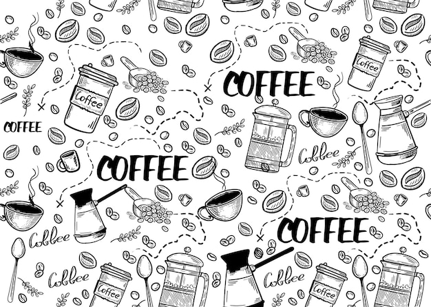 Coffee seamless pattern with different types of coffee and attributes made by hand