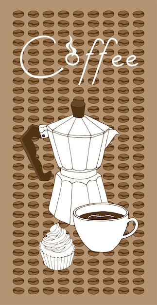 Set da caffè geyser caffettiera cup cake su uno sfondo di chicchi di caffè