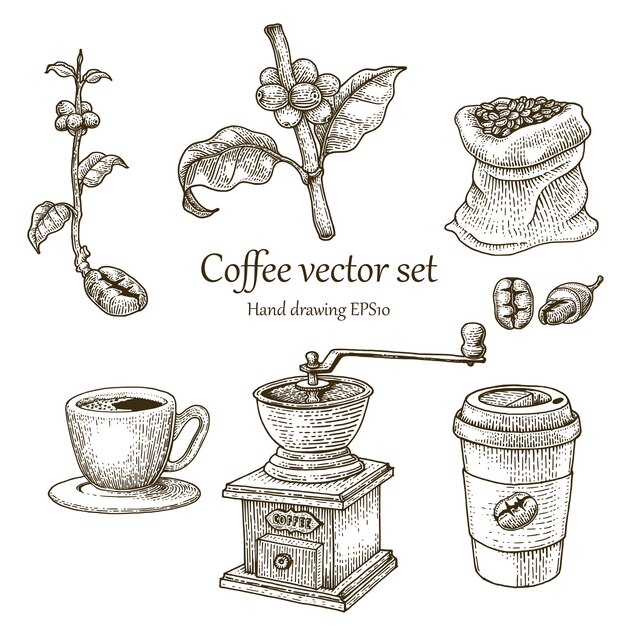 Vector coffee set hand drawing vintage style