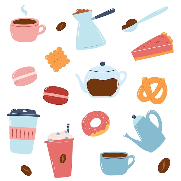 Coffee set Hand drawn icons of coffee makers cups sweets bakery in cartoon flat style