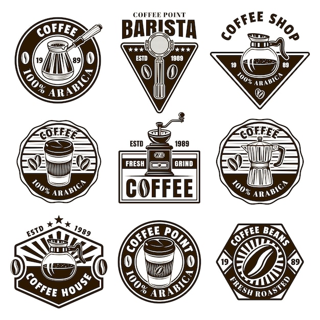 Vector coffee set of nine vector black and white emblems badges labels or logos in vintage style isolated illustration