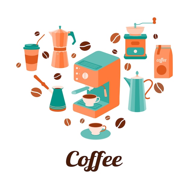 ハートの形をしたコーヒーセットコーヒーグラインダー間欠泉コーヒーメーカーコーヒーポット粒とカップ