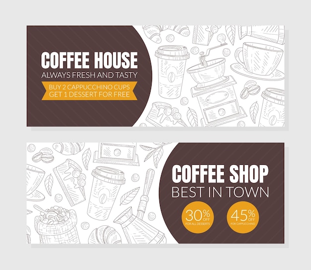 Coffee shop advertising discount vouchers with hand drawn food items vector design