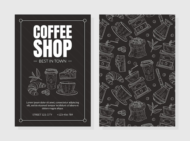 Coffee shop advertising twosided leaflet with hand drawn food items vector design