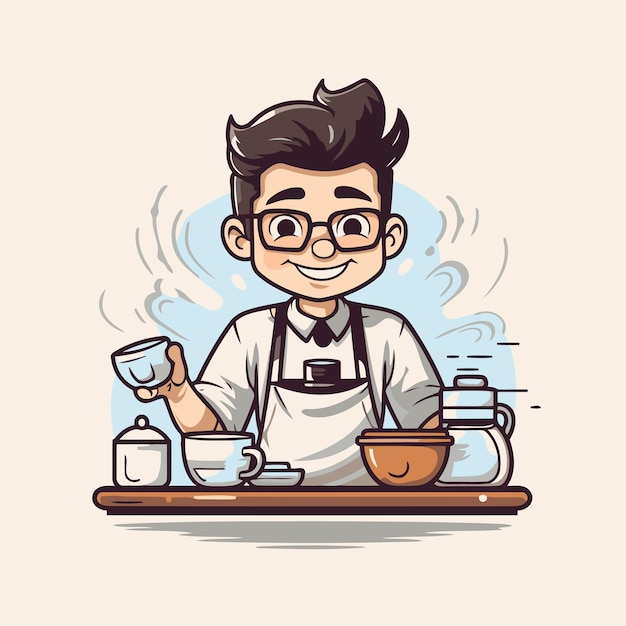 Coffee shop barista cartoon character Vector illustration of a man in apron and glasses serving coffee