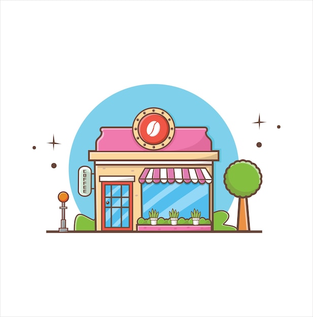 Кофейня Строительство фасада иконы магазина в плоском стиле иллюстрации дизайна