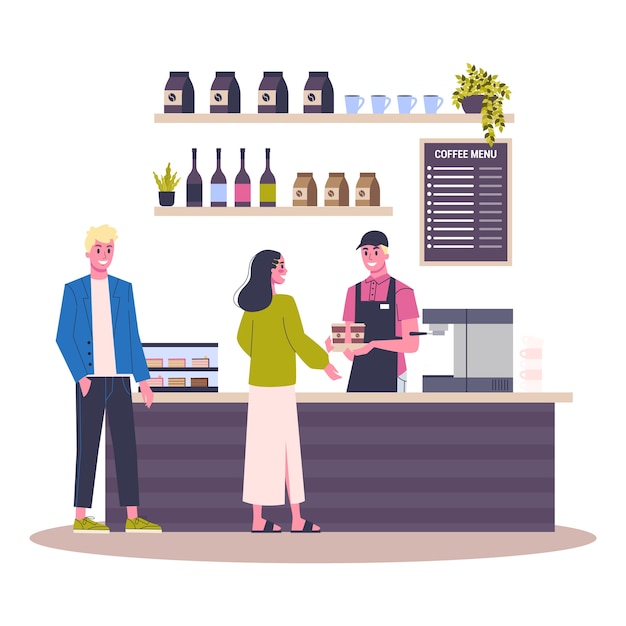 Interiore dell'edificio della caffetteria. la gente compra il caffè al bar. menu sulla lavagna. illustrazione