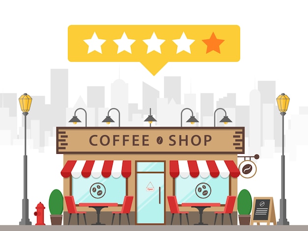 Vector coffee shop building street vector icon rating star review