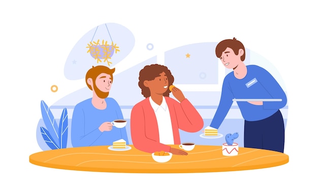 Vector coffee shop or cafe concept man and woman sitting at table eating cake and drinking coffee waiter