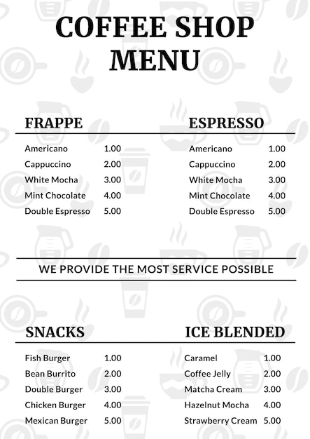 Menu di caffetteria e caffetteria