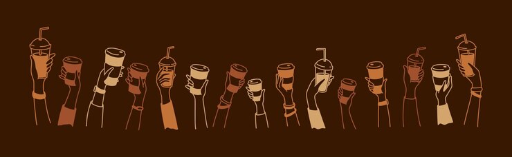 Vector coffee shop chalkboard design doodle hands up with coffee crowd of people