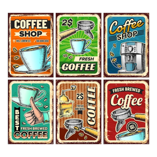 Vector coffee shop creative advertise posters set vector. energy drink cup and roasted beans, coffee machine and filter on promotional banners. cafeteria concept template style color illustrations