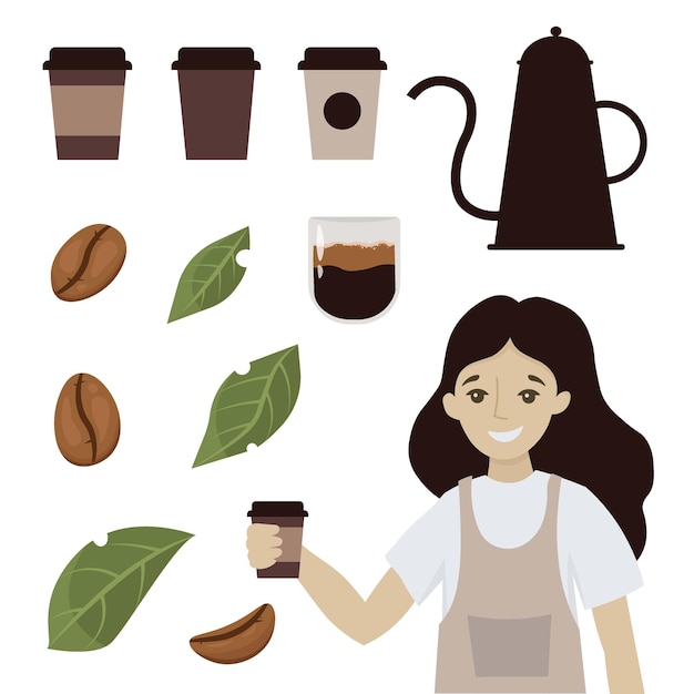 Coffee shop cups Beans and leaves coffee Cartoon smiling woman waitress character hold coffee cappuccino or latte  illustration