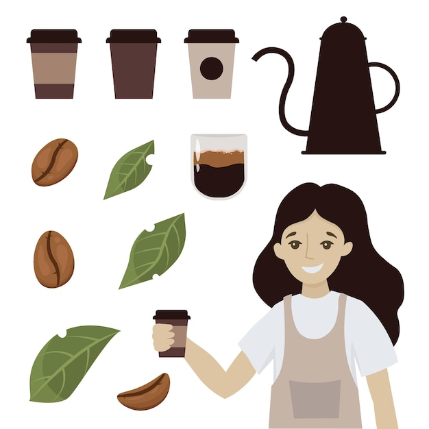 Coffee shop cups beans and leaves coffee cartoon smiling woman waitress character hold coffee cappuccino or latte  illustration