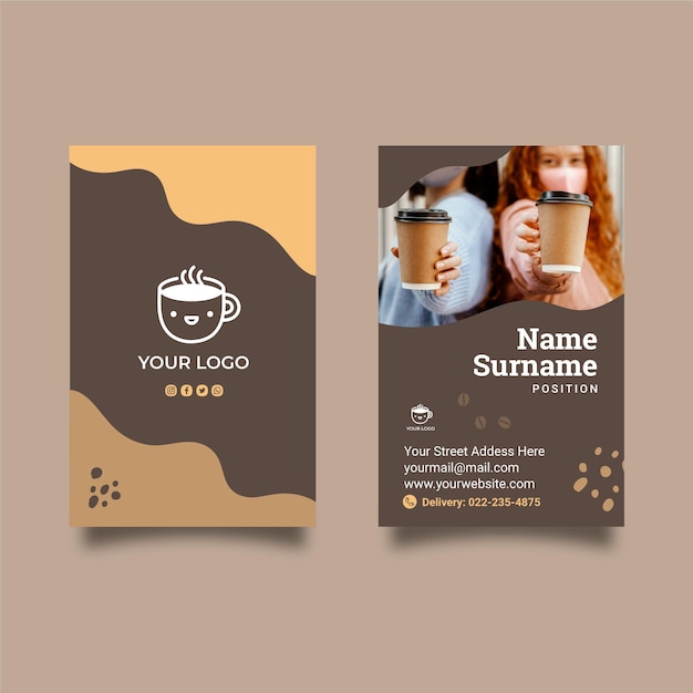 Vector coffee shop double-sided vertical business card template