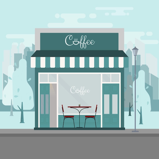 Vector coffee shop facade with red chair with tosca color background silhouette flat design illustration