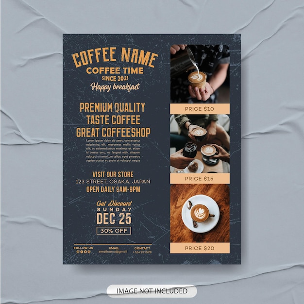 Vettore design premium del modello di volantino della caffetteria, modello di menu del caffè, poster del caffè, volantino del caffè