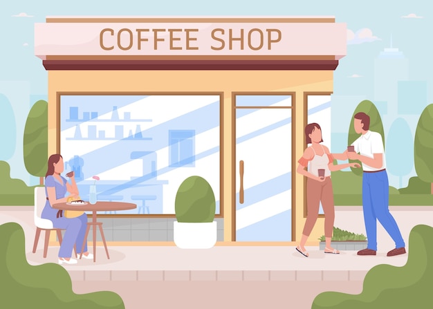 Vector coffee shop and guests in city garden flat color vector illustration