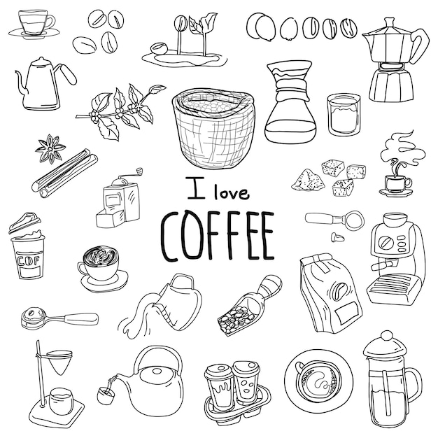 Coffee shop hand drawn doodle set Vector illustration