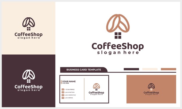 Vector coffee shop, house and coffee bean logo design concept with business card template