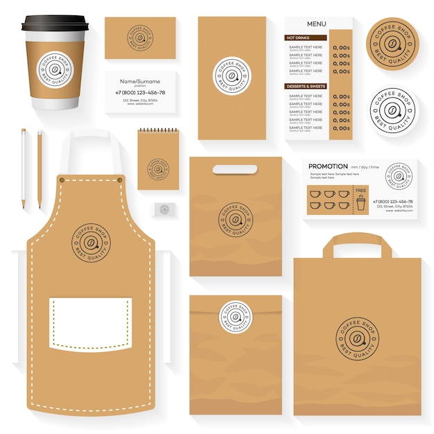 Vector coffee shop identity template design set with coffee shop logo and cup of coffee restaurant cafe