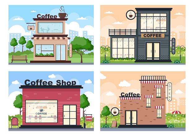 Coffee shop illustratie met open bord, boom en gebouw winkel buitenkant. platte ontwerpconcept