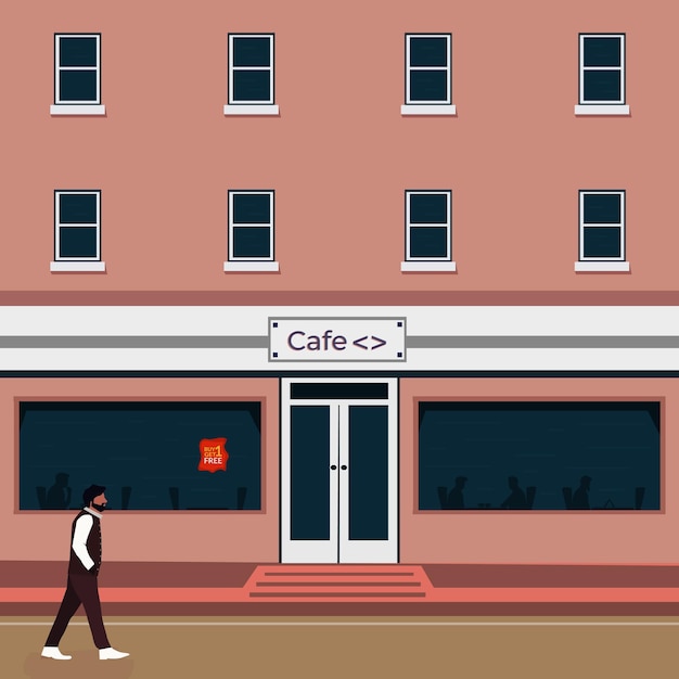 Coffee Shop illustration. A street scene of a coffee shop and a man walking down the street.