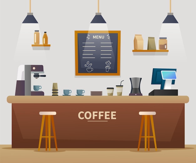 Vector coffee shop interior cartoon illustration