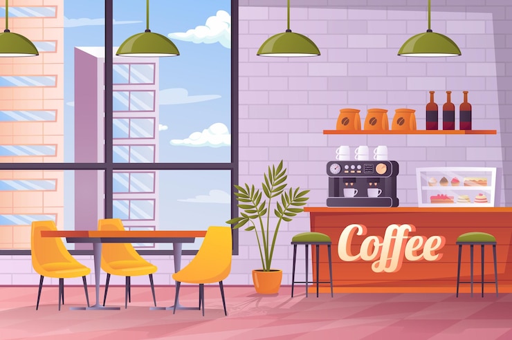 Vector coffee shop interior concept in flat cartoon design room with counter coffee machine shelf
