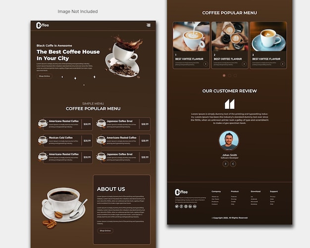 Coffee shop landing page website design template for business Onepage UI design