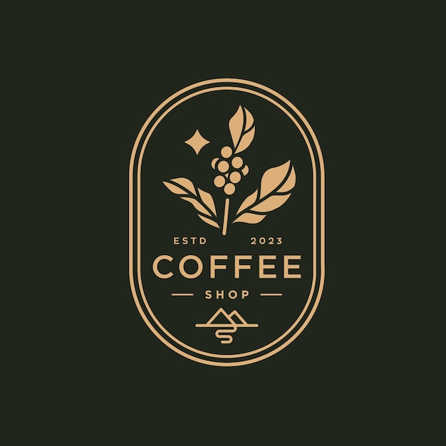 coffee shop logo retro badge coffee bean and leaf branch with mountain natural icon line stamp logo