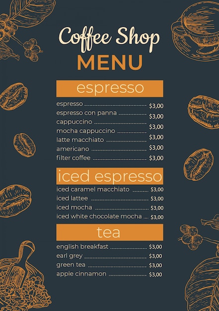 Vettore modello di menu della caffetteria