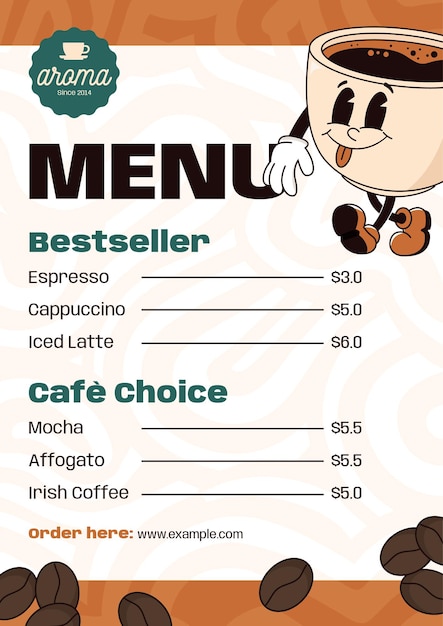 coffee shop menu with groovy retro design and espresso mascot